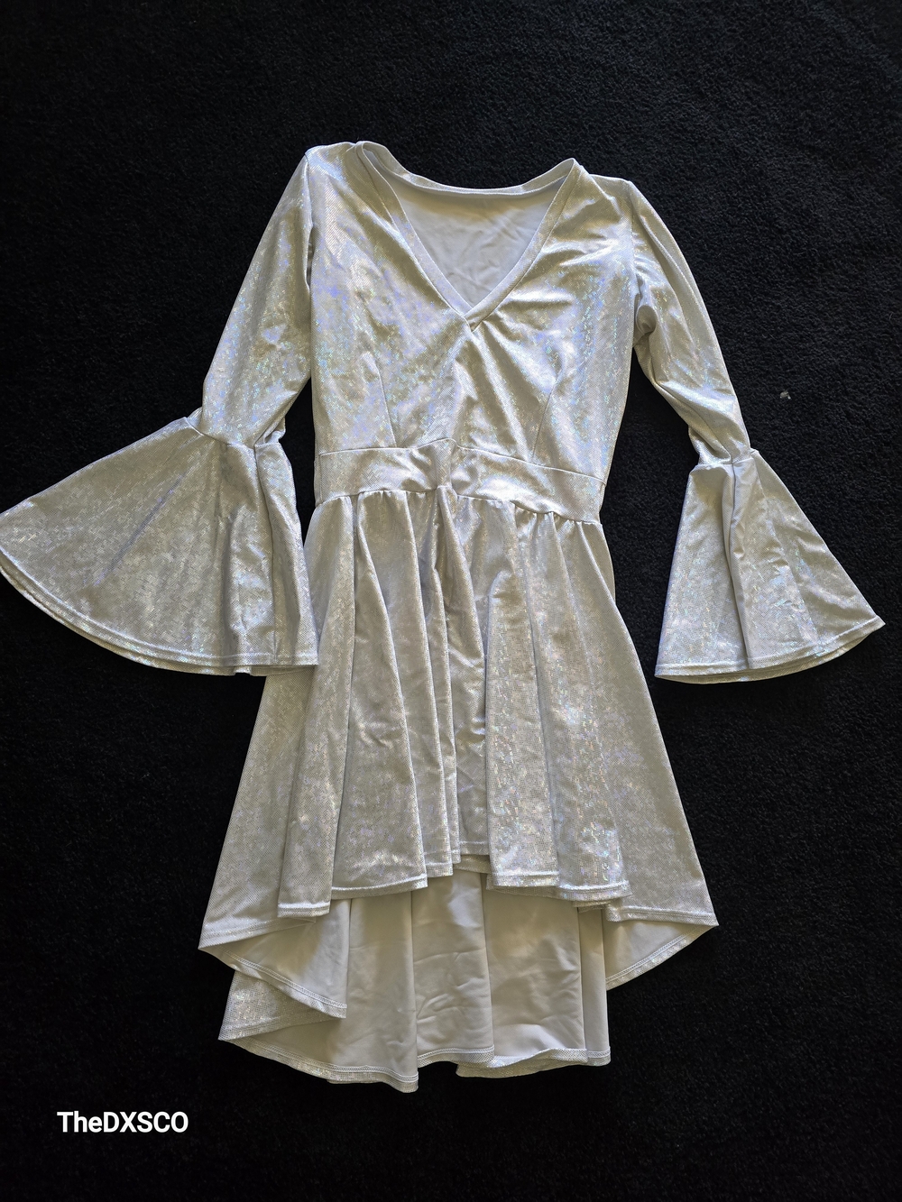 Iheartraves Ivory Iridescent Holographic High-Low Bell Sleeve Dress - Picture 1 of 4